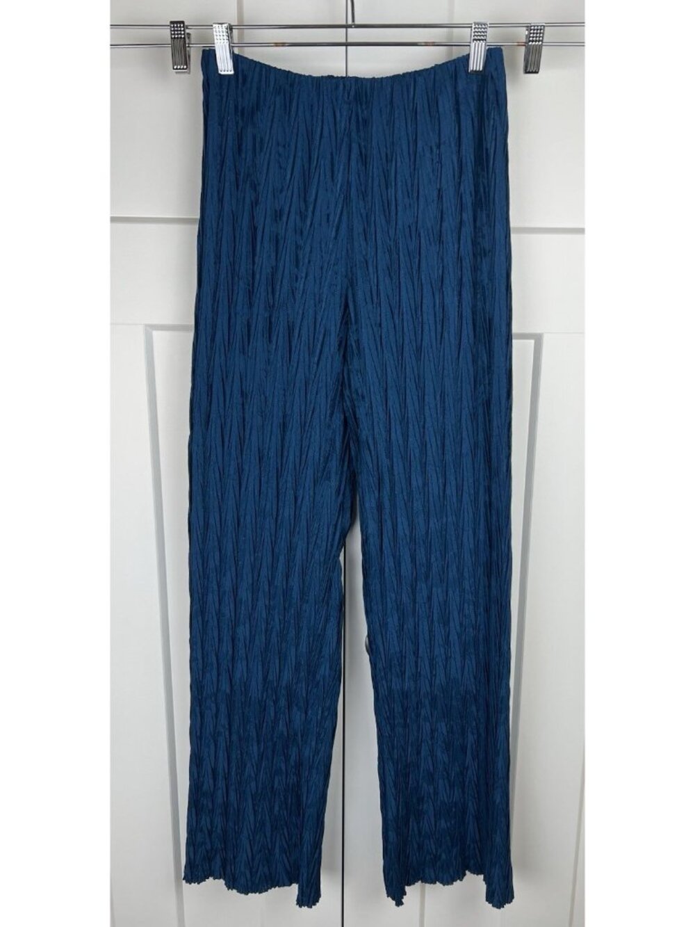 Zara Crinkle Textured Pants Blue Pull On Elastic Waist Wide Leg Size M NWT